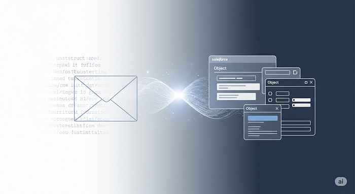Illustration of unstructured text transforming into structured Salesforce objects through AI.